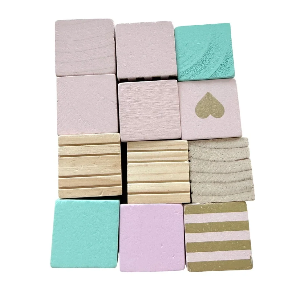 Wooden Building Blocks Kids Pink Green Pastel Geometric Set 70pc